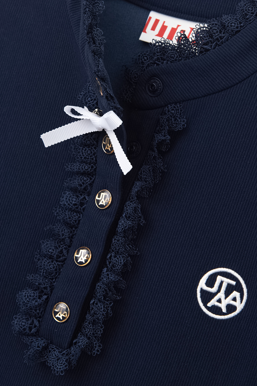 Áo sơ mi golf nữ cổ trụ ren phối nơ màu xanh navy — ảnh 4