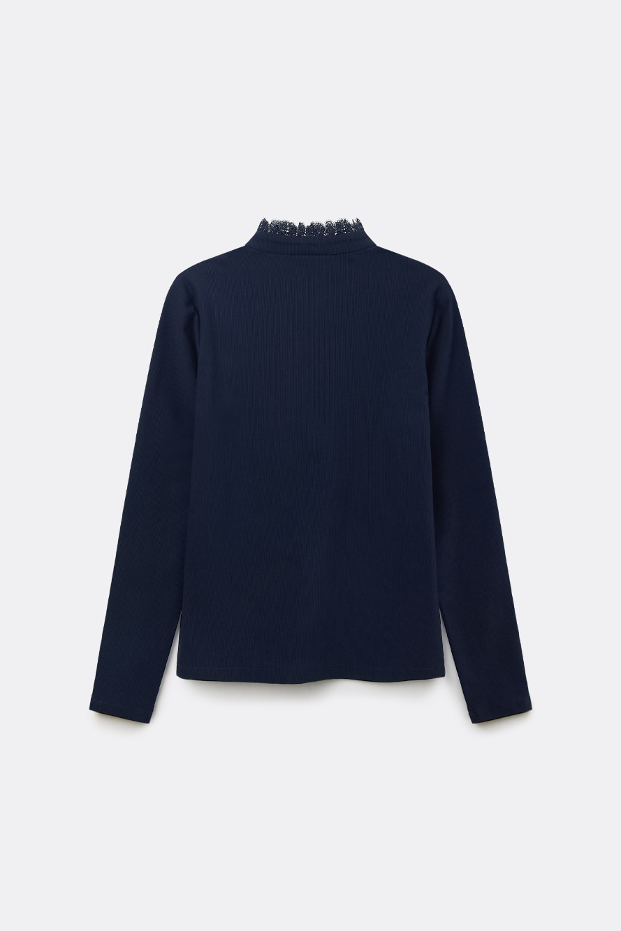 Áo sơ mi golf nữ cổ trụ ren phối nơ màu xanh navy — ảnh 2