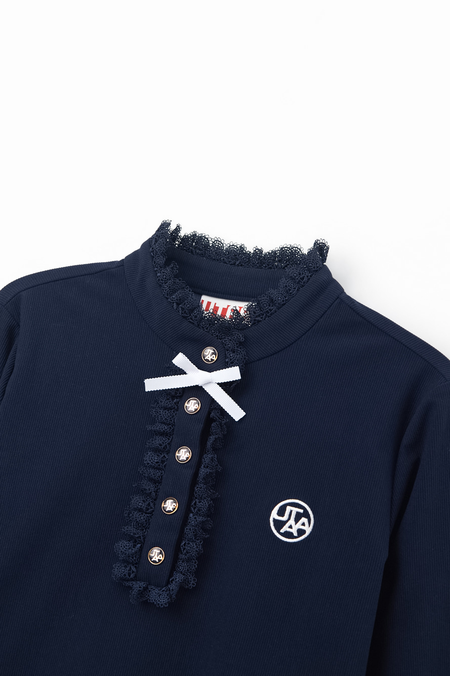 Áo sơ mi golf nữ cổ trụ ren phối nơ màu xanh navy — ảnh 3